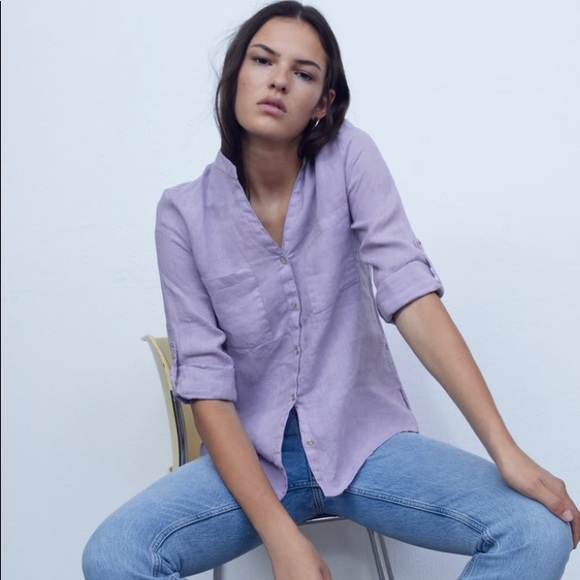 Zara Tops - ZARA Lilac Linen Pocket Blouse M NWT